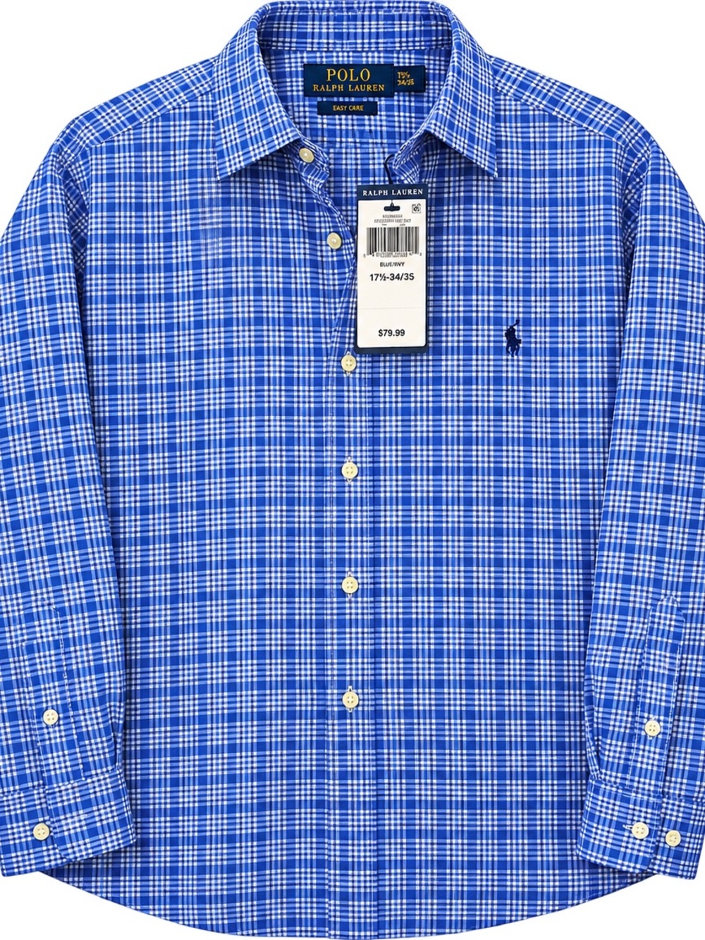 Polo Ralph Lauren Men’s Blue Plaid Easy Care Dress Shirt 17.5 34/35 NWT